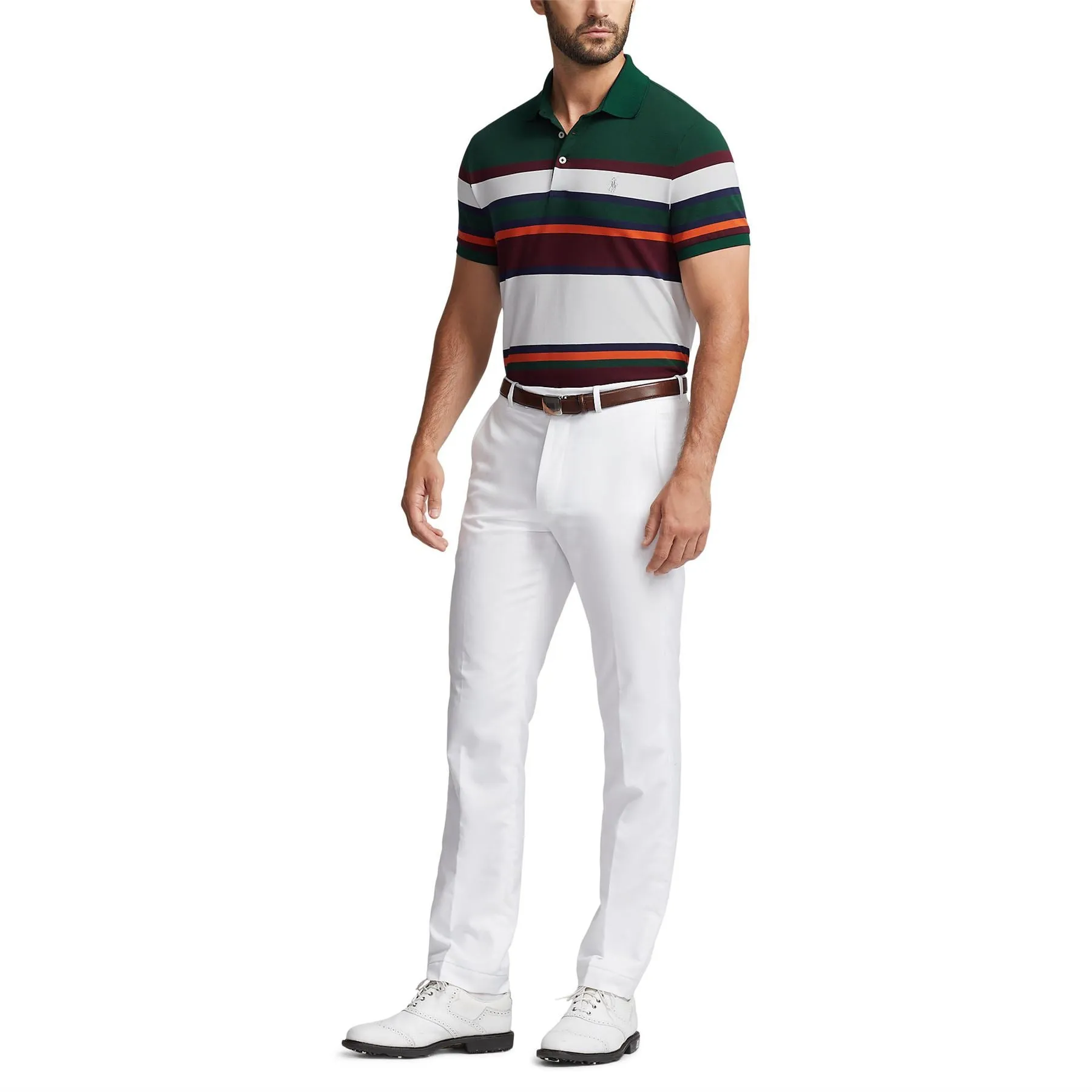 Performance Pique Polo Wine Multi Stripe Moss Agate Multi - AW23