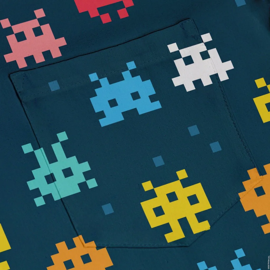 Pixel Monsters Teal Video Game Button Up Shirt