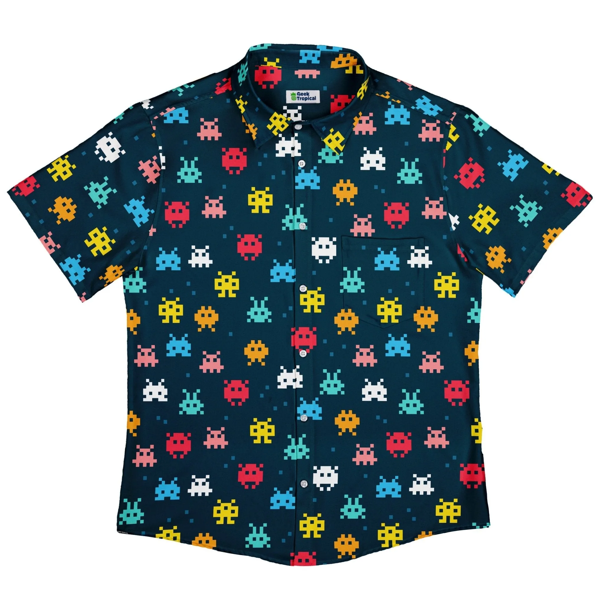 Pixel Monsters Teal Video Game Button Up Shirt