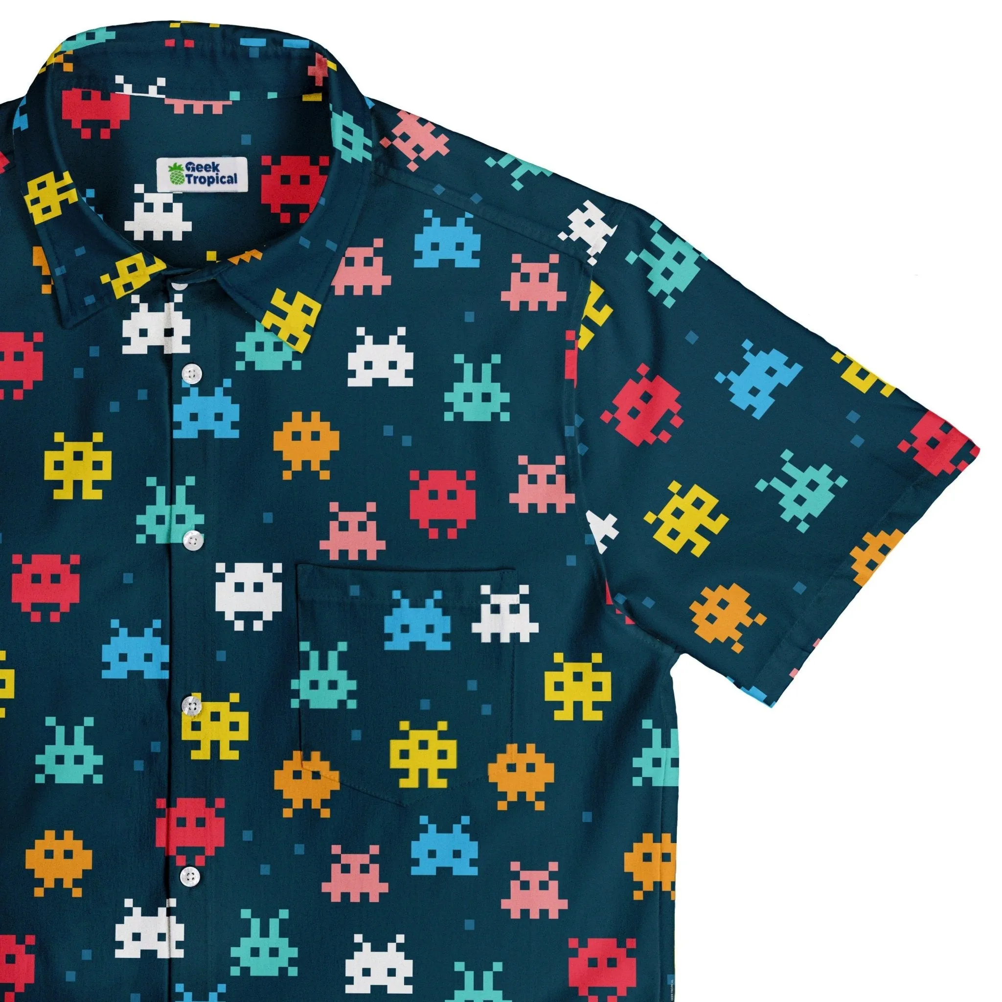 Pixel Monsters Teal Video Game Button Up Shirt