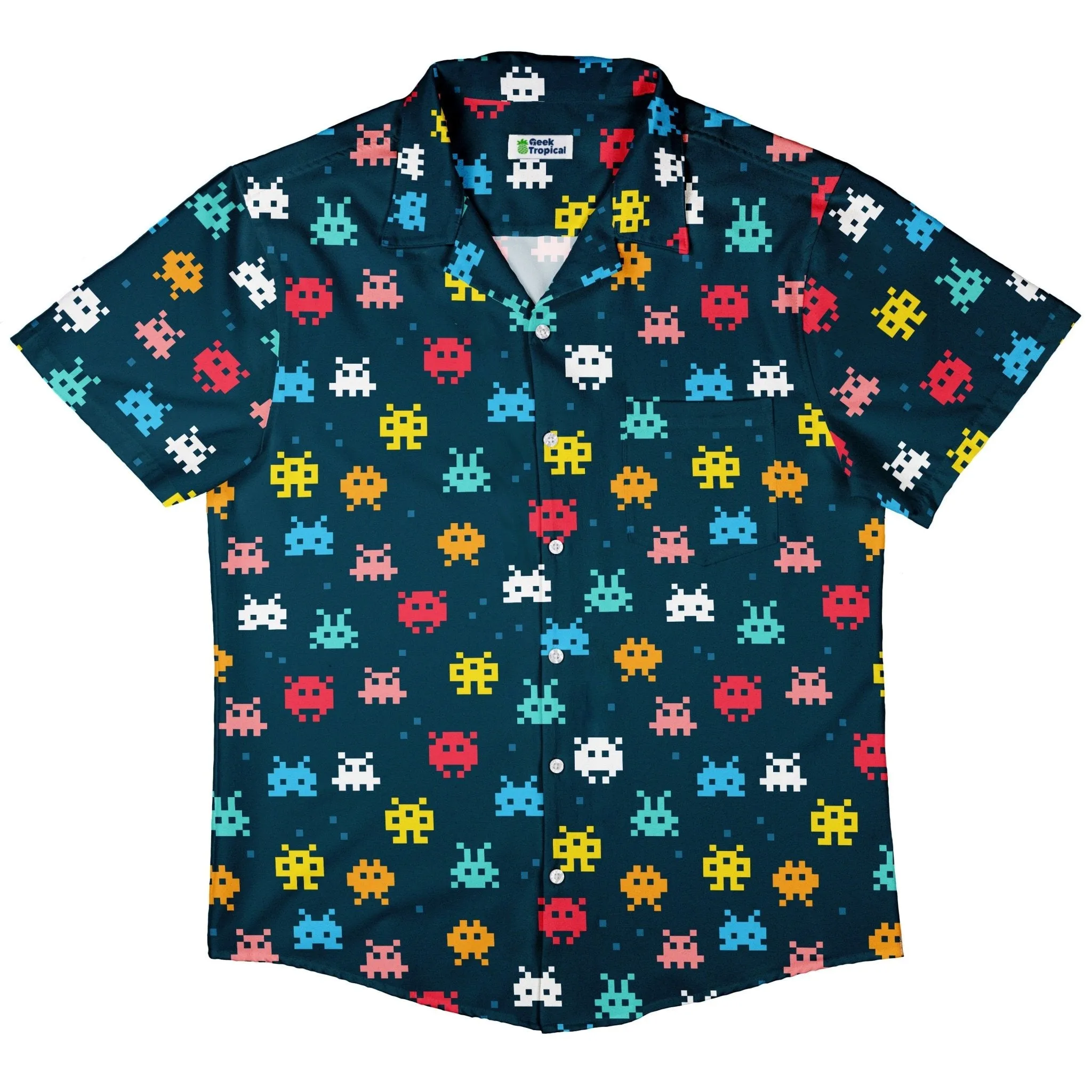 Pixel Monsters Teal Video Game Button Up Shirt