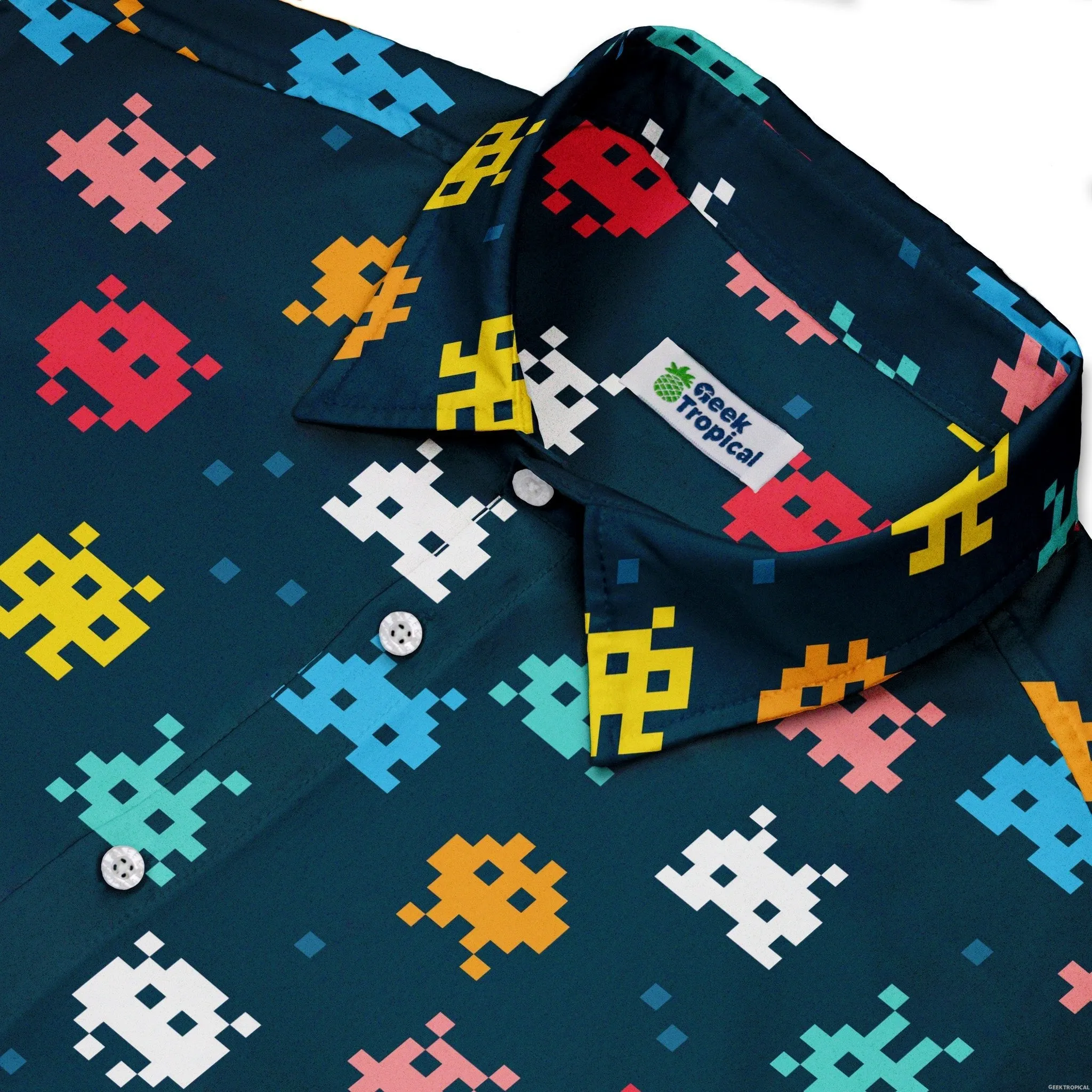 Pixel Monsters Teal Video Game Button Up Shirt