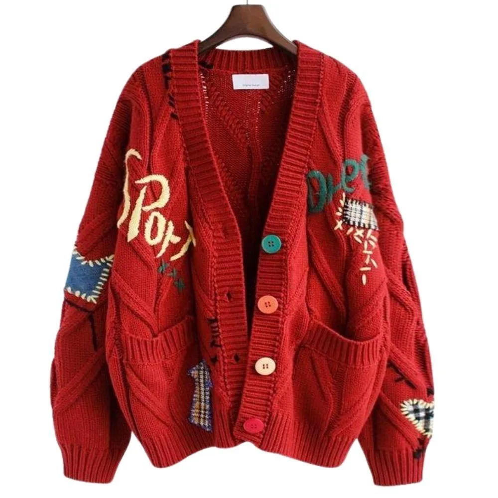 Random Patchwork Women's Cardigan Warm Knitted Sweater Jacket Pockets Embroidery Kawaii Geek Chic Girls Cardigan