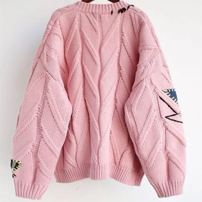 Random Patchwork Women's Cardigan Warm Knitted Sweater Jacket Pockets Embroidery Kawaii Geek Chic Girls Cardigan