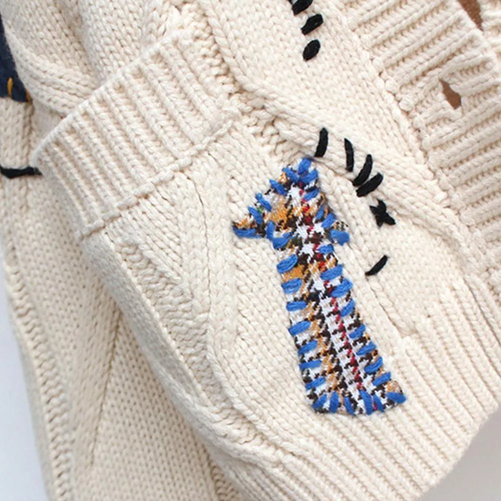 Random Patchwork Women's Cardigan Warm Knitted Sweater Jacket Pockets Embroidery Kawaii Geek Chic Girls Cardigan