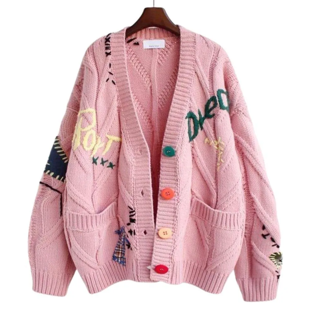 Random Patchwork Women's Cardigan Warm Knitted Sweater Jacket Pockets Embroidery Kawaii Geek Chic Girls Cardigan