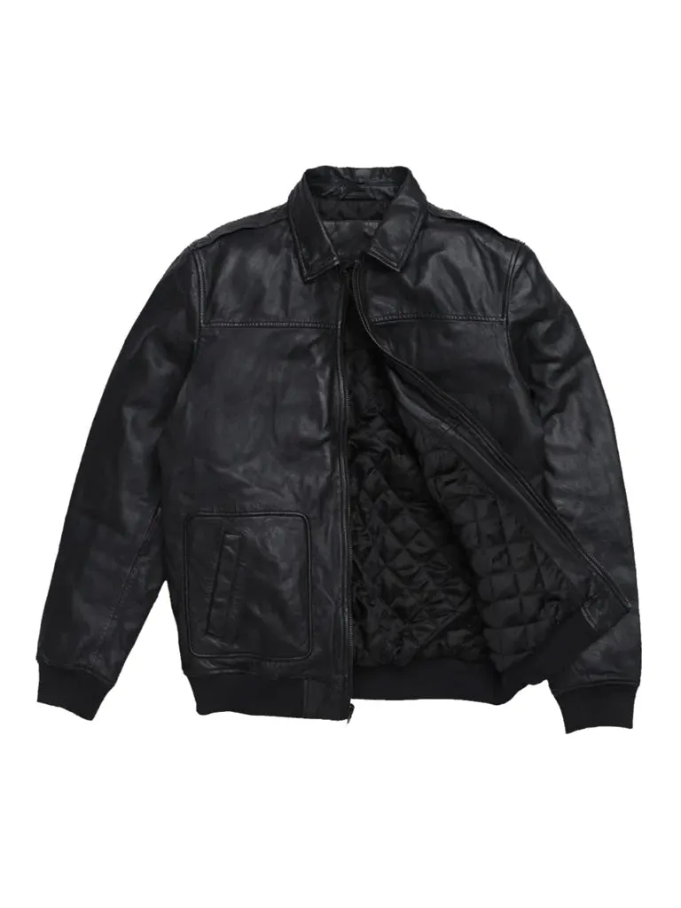 Shirt Style Black Bomber Genuine Leather Jacket