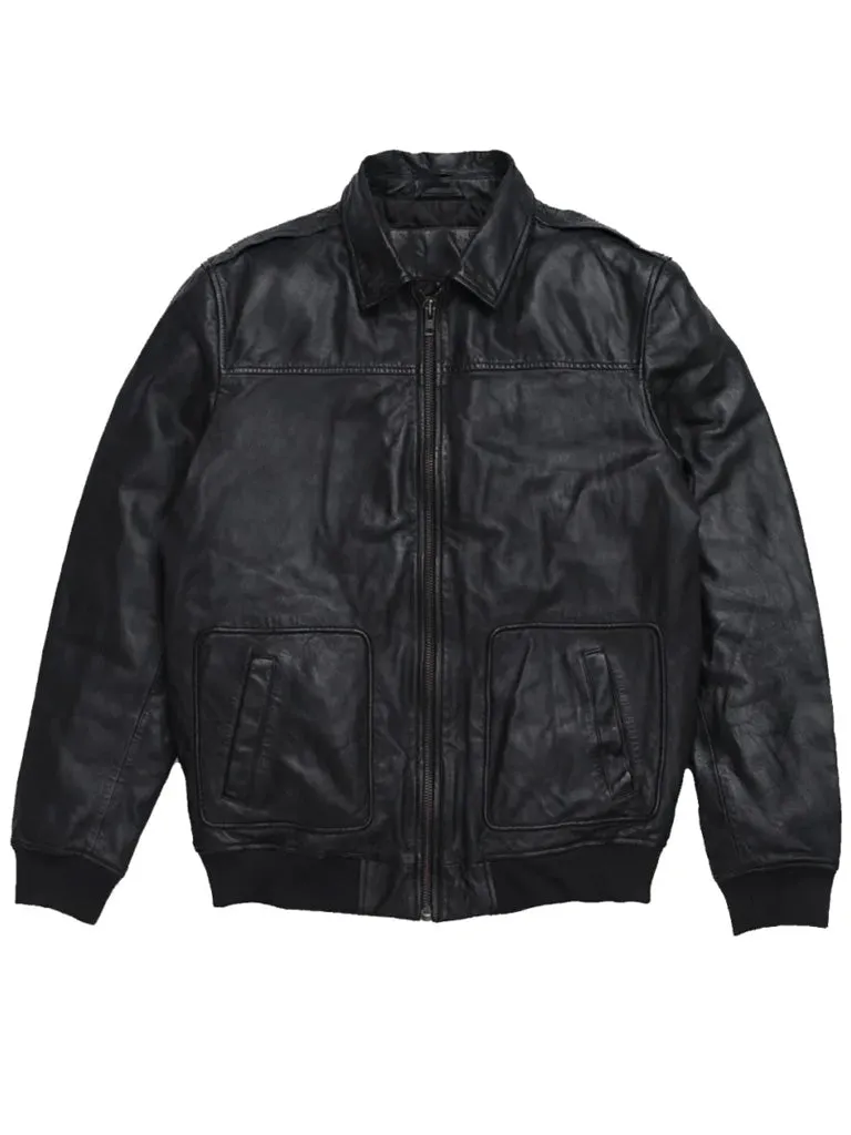 Shirt Style Black Bomber Genuine Leather Jacket