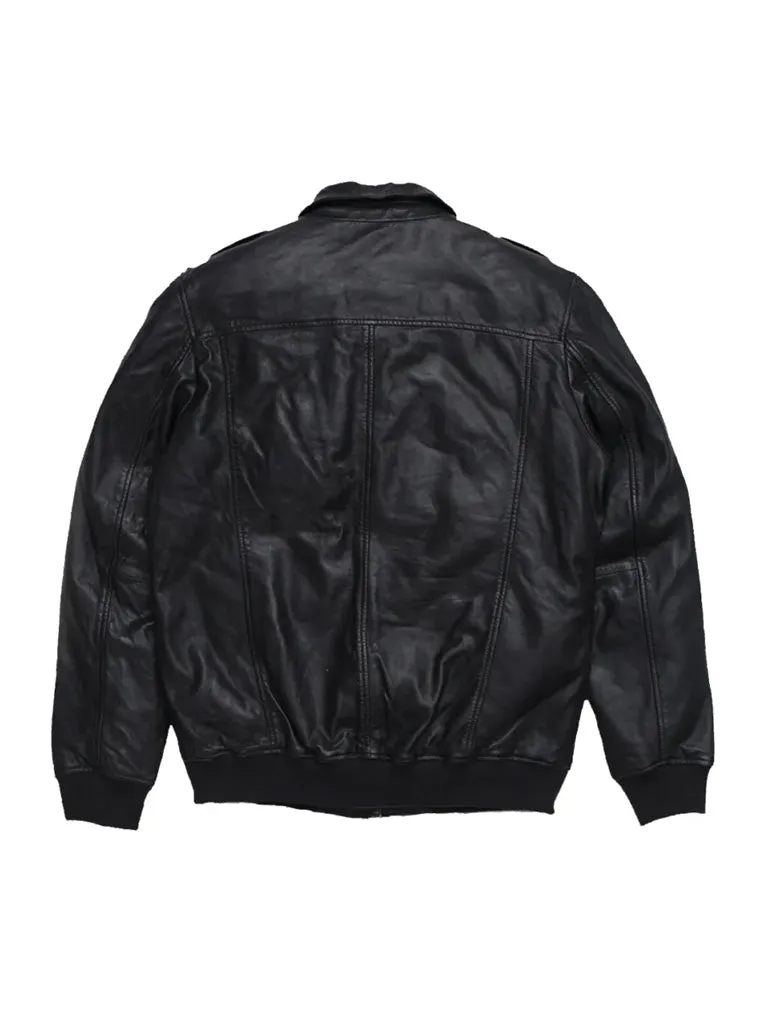 Shirt Style Black Bomber Genuine Leather Jacket