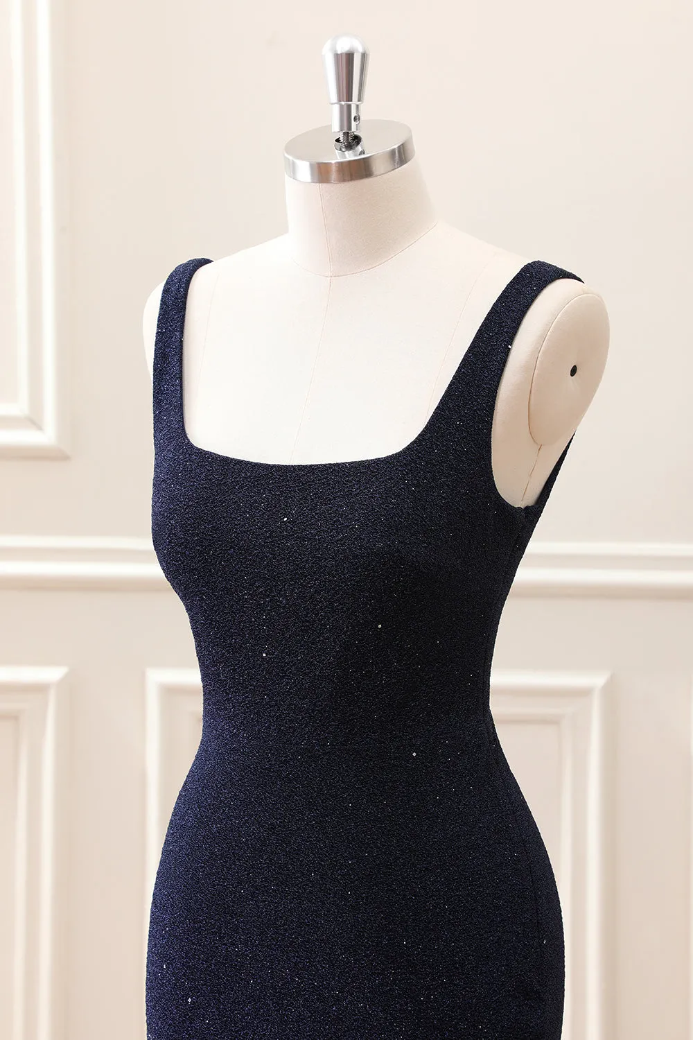 Sparkly Dark Blue Square Neck Bodycon Mini Dress With Slit