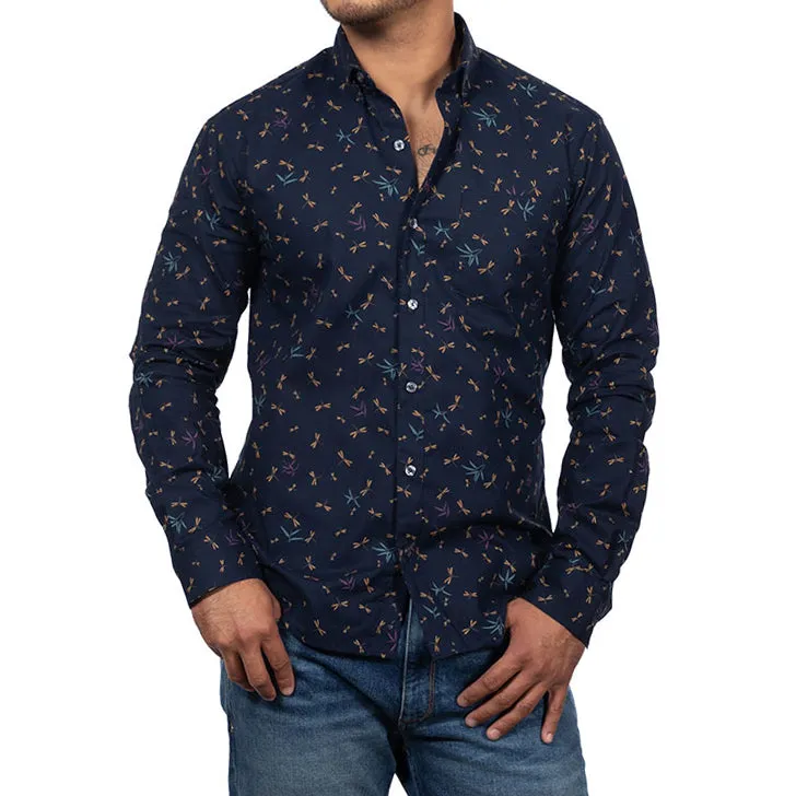 STEELE Long Sleeve Shirt in Navy Blue Traditional Japanese Dragonfly Print