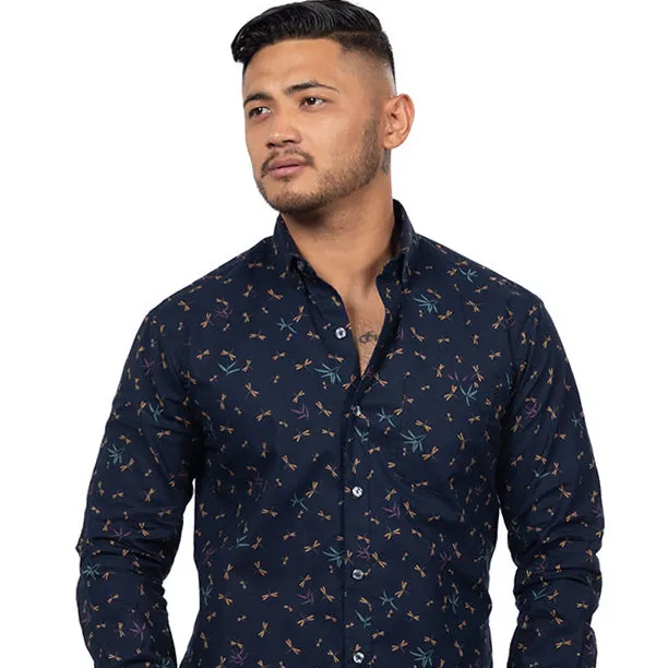 STEELE Long Sleeve Shirt in Navy Blue Traditional Japanese Dragonfly Print