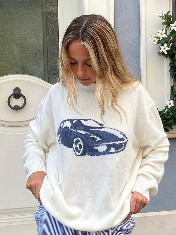 TAVIMART  -  Sports Car Print Knitted Pullover For Women Warm Round Neck Long Sleeve Sweater Autumn Casual Lady High Street Knitwear