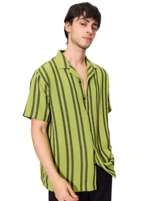 The Souled Store Stripes: Lime Men and Boys Short Sleeves Collared Neck Button Front Regular Fit Textured Shirts