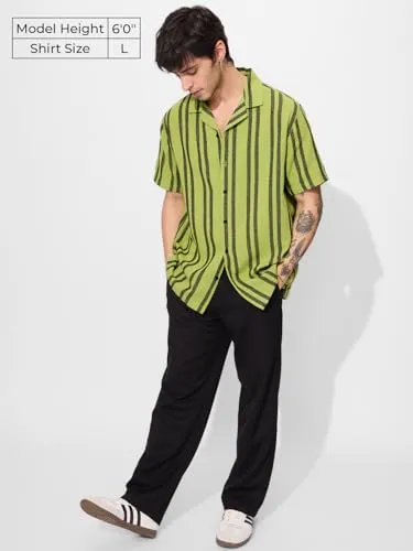 The Souled Store Stripes: Lime Men and Boys Short Sleeves Collared Neck Button Front Regular Fit Textured Shirts