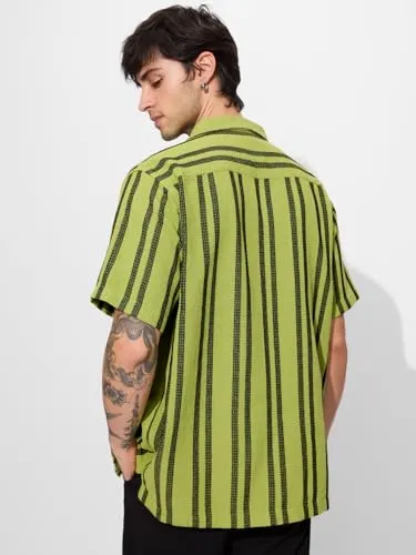 The Souled Store Stripes: Lime Men and Boys Short Sleeves Collared Neck Button Front Regular Fit Textured Shirts