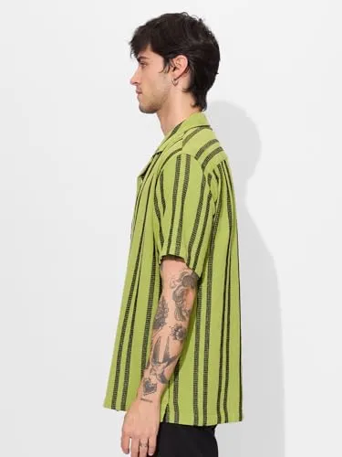 The Souled Store Stripes: Lime Men and Boys Short Sleeves Collared Neck Button Front Regular Fit Textured Shirts