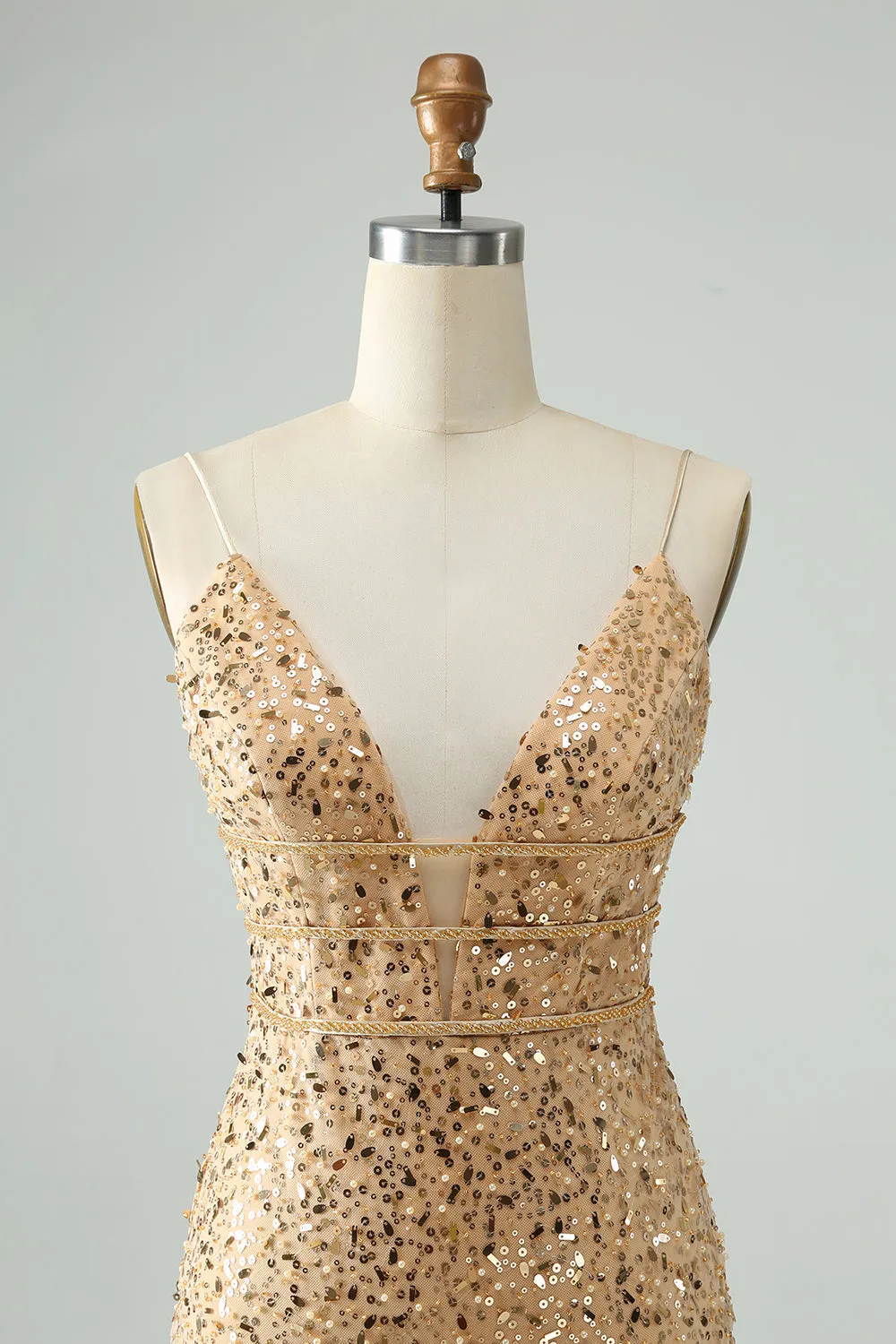 Unique Sparkly Golden Tight Spaghetti Strap Mini Dress with Sequins