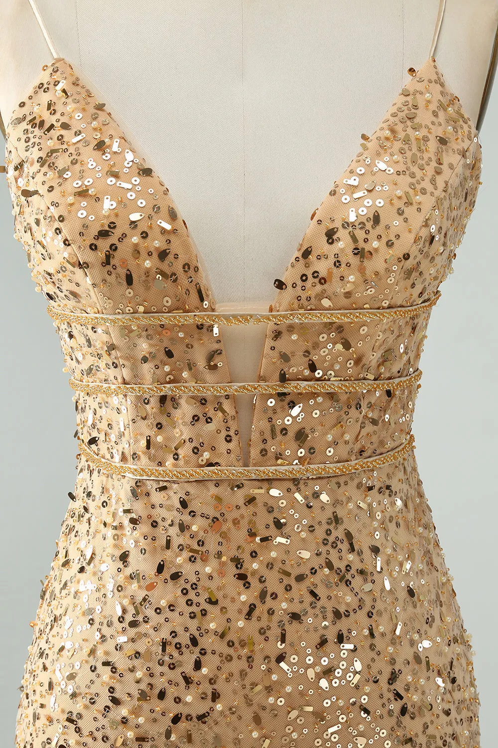 Unique Sparkly Golden Tight Spaghetti Strap Mini Dress with Sequins