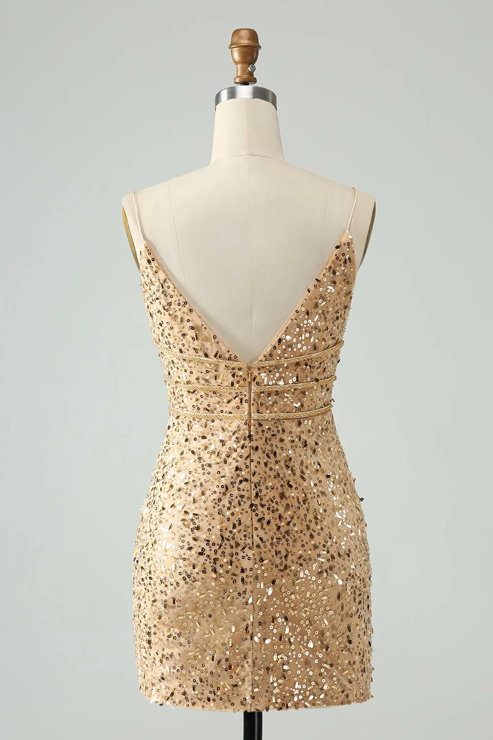 Unique Sparkly Golden Tight Spaghetti Strap Mini Dress with Sequins