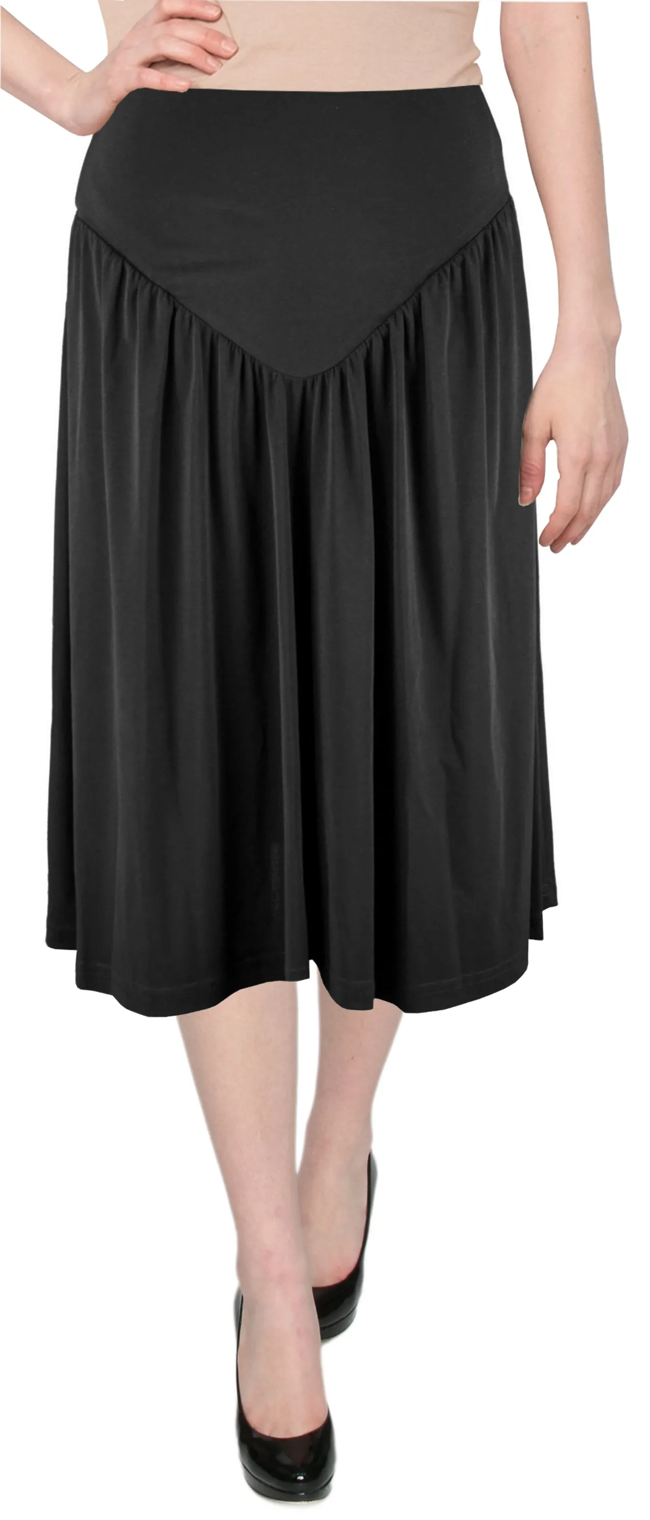 Women's Black Midi Slinky Short Knit V Yoke Skirt