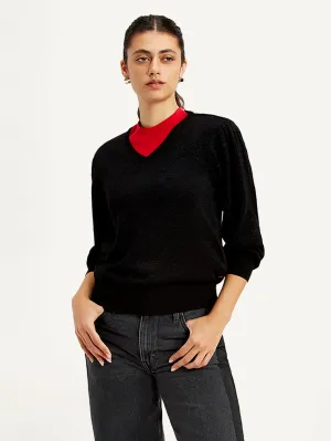 Women's Solid Black V Neck Sweater