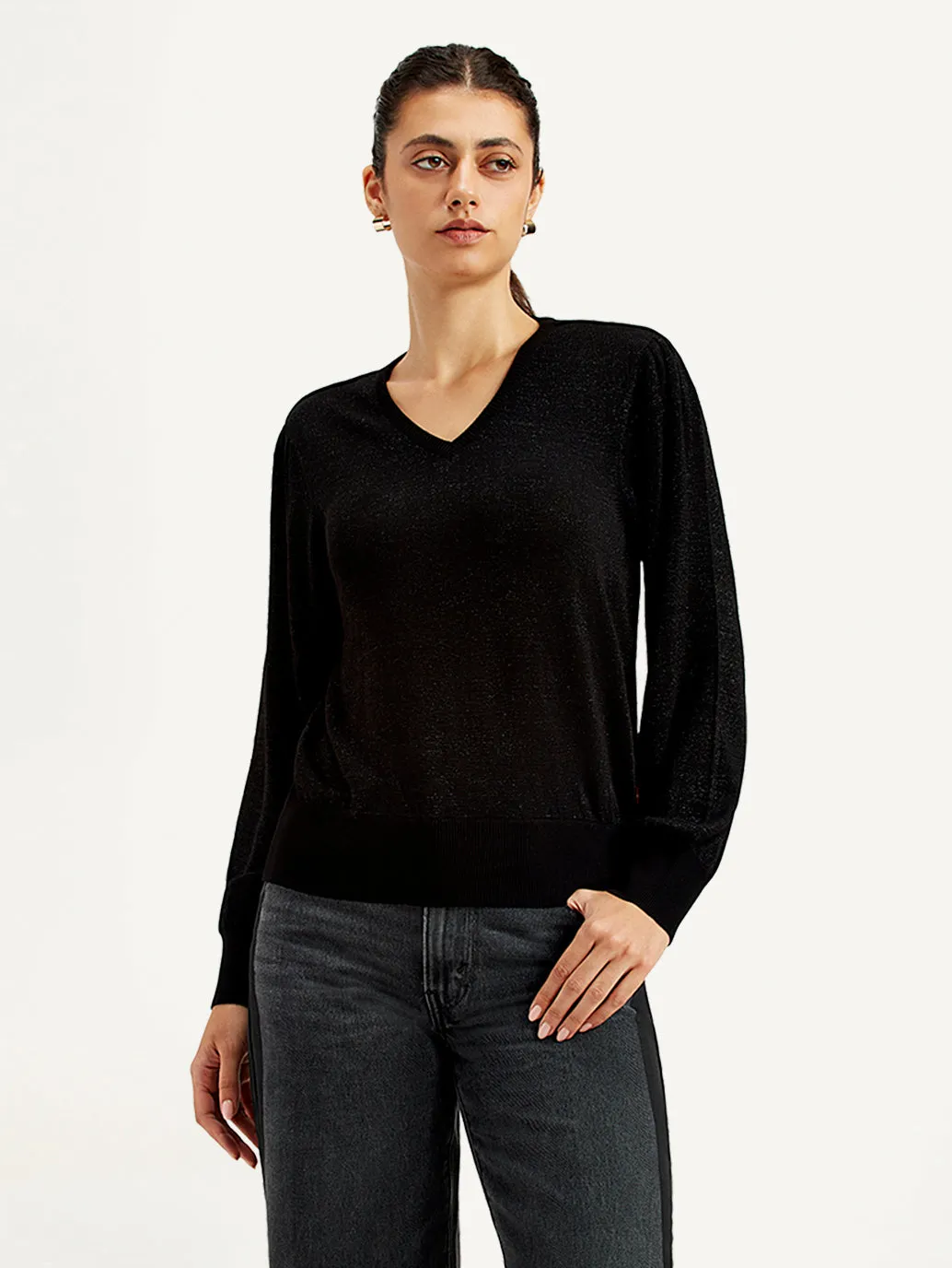 Women's Solid Black V Neck Sweater