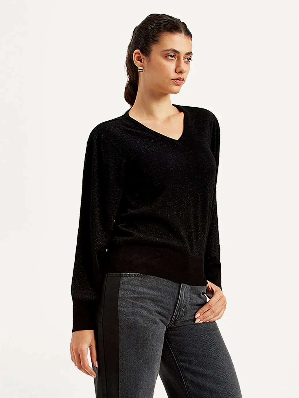 Women's Solid Black V Neck Sweater