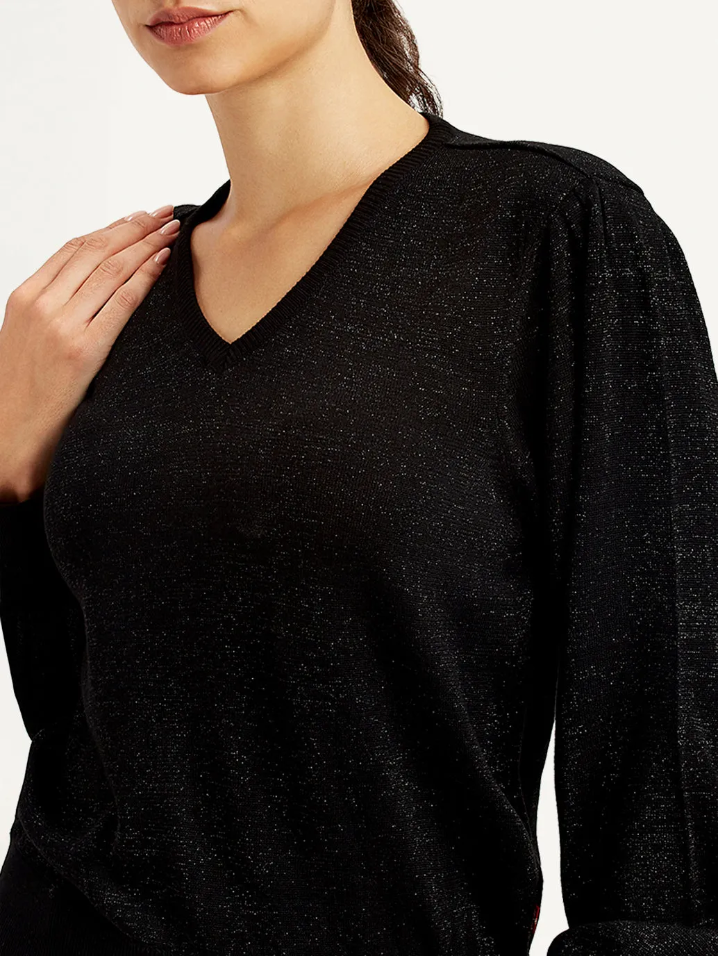 Women's Solid Black V Neck Sweater